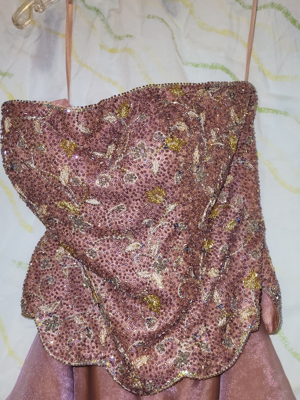 Embellished Blush Pink Strapless Pagaent Dress with Metallic Floral Accents